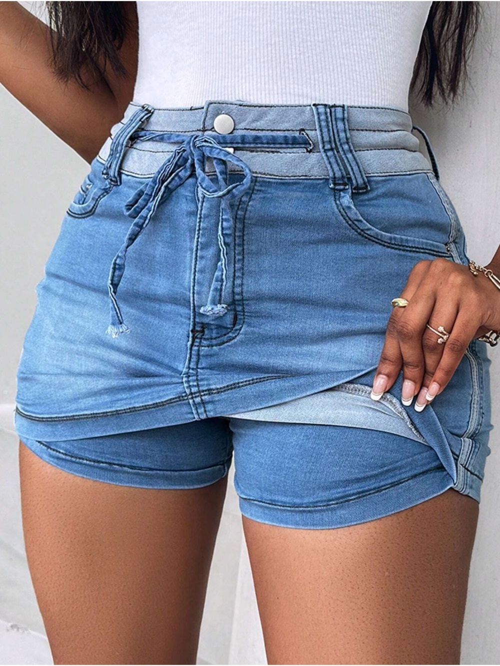 Light Blue Denim Skort with Drawstring Waist